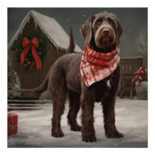 Wirehaired Pointing Dog in Snow Christmas Poster