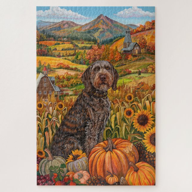 Wirehaired Pointing Griffon Autumn Thanksgiving Jigsaw Puzzle (Vertical)