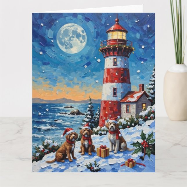 Wirehaired Pointing Griffon Christmas Lighthouse Card (Front)