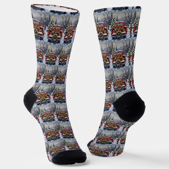 Wirehaired Pointing Griffon Christmas Red Truck Socks (Angled)