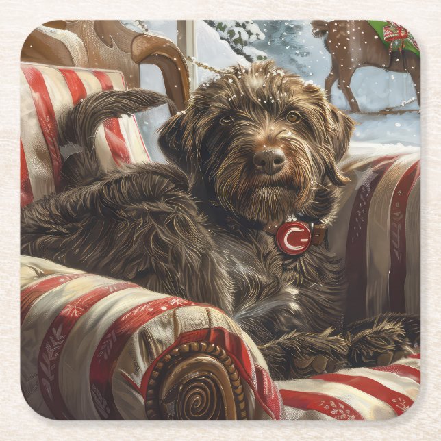 Wirehaired Pointing Griffon Dog Christmas Festive Square Paper Coaster (Front)