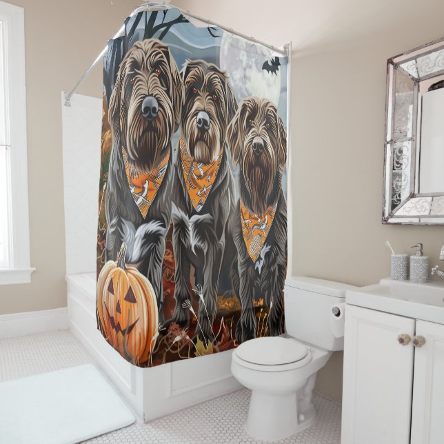Wirehaired Pointing Griffon Halloween Spooky Shower Curtain (In Situ)