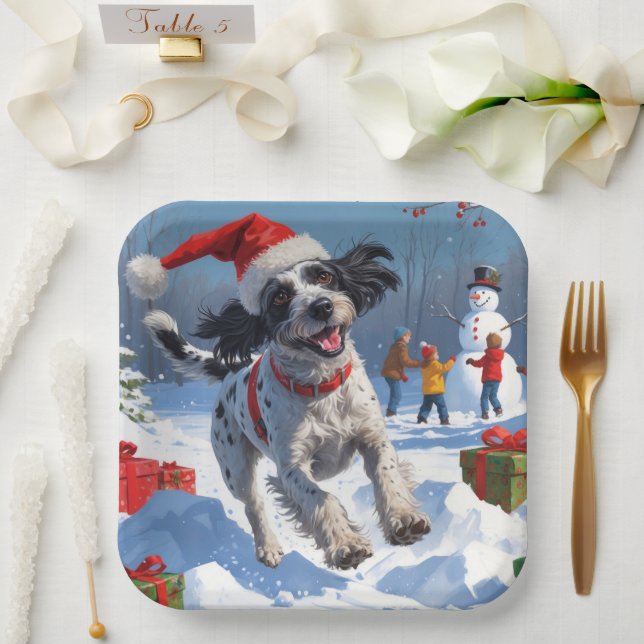 Wirehaired Pointing Griffon in Snow Christmas Hat Paper Plate (Wedding)