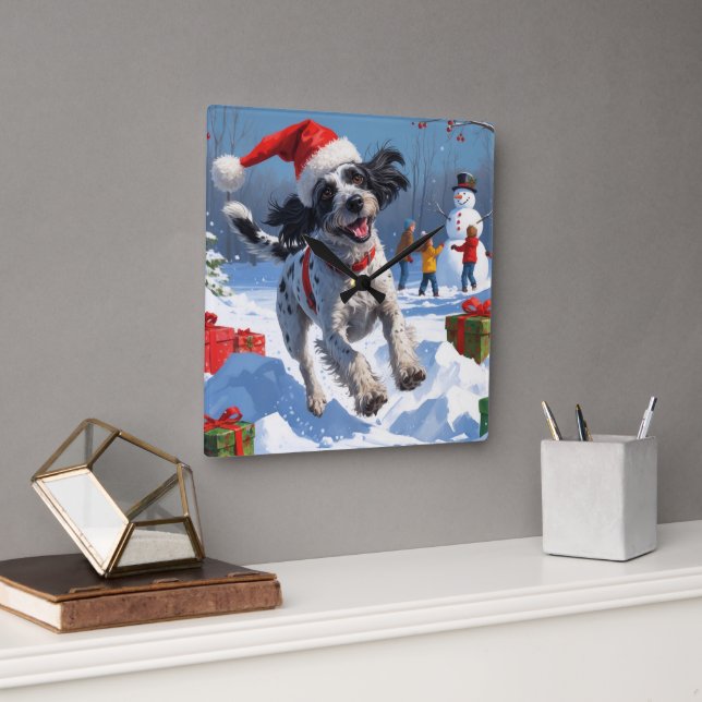 Wirehaired Pointing Griffon in Snow Christmas Hat Square Wall Clock (Office)