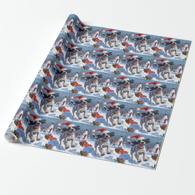 Wirehaired Pointing Griffon in Snow Christmas Hat Wrapping Paper (Unrolled)