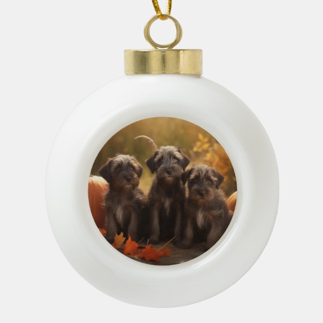 Wirehaired Pointing Griffon Puppy Autumn Ceramic Ball Christmas Ornament (Front)
