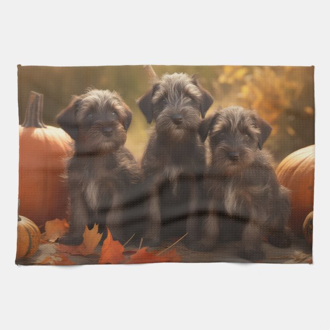 Wirehaired Pointing Griffon Puppy Autumn Tea Towel (Horizontal)