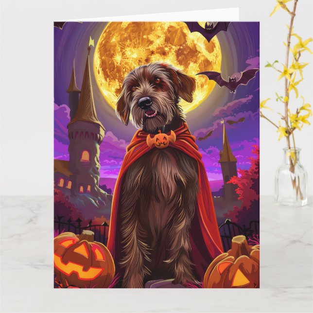 Wirehaired Pointing Griffon Vampire Pumpkins Scary Card (Yellow Flower)