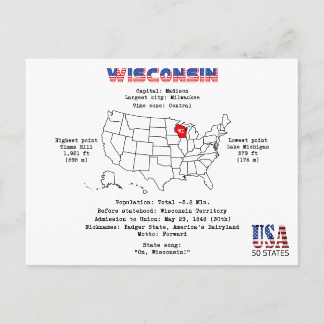 Wisconsin American state on a map and useful info Holiday Postcard (Front)