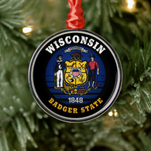 WISCONSIN BADGER STATE FLAG METAL TREE DECORATION