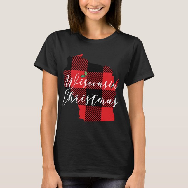 Wisconsin Christmas Buffalo Plaid State Holiday T-Shirt (Front)