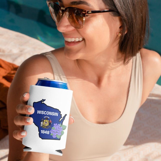 Wisconsin Flag & Flower Blue Violet Custom Name Can Cooler (Creator Uploaded)