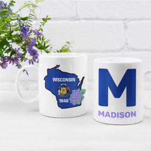 Wisconsin Flag & Flower Blue Violet Custom Name Coffee Mug