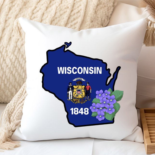 Wisconsin Flag & Flower Blue Violet Custom Name Cushion (Creator Uploaded)