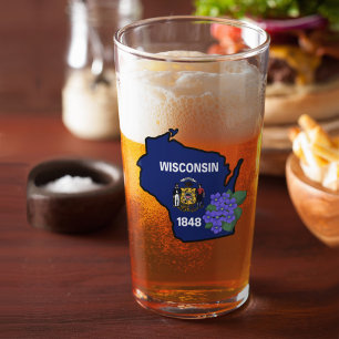 Wisconsin Flag & Flower Blue Violet Custom Name Glass