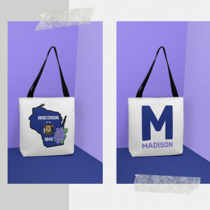 Wisconsin Flag & Flower Blue Violet Custom Name Tote Bag