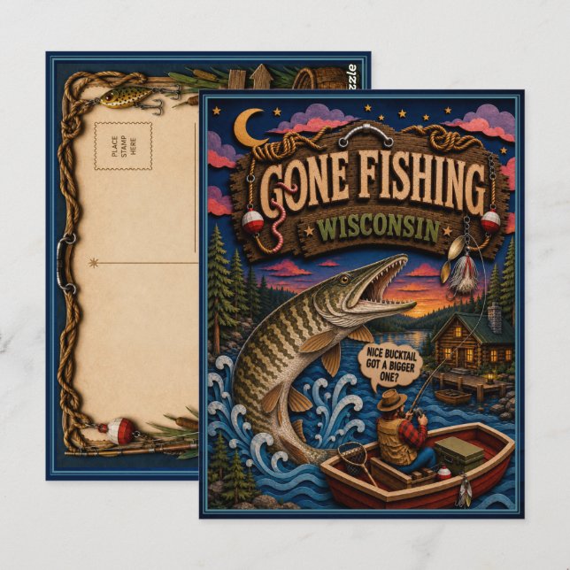 Wisconsin Gone Fishing Muskellunge Postcard (Front/Back)