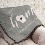 Wisconsin Home State Personalised Throw Blanket<br><div class="desc">Show some home state pride with this cute rustic grey throw blanket featuring "home" in white calligraphy script lettering with a silhouette map of the state of Wisconsin standing in for the letter "O." A red heart illustration inside the state map completes the design; you can change the position of...</div>