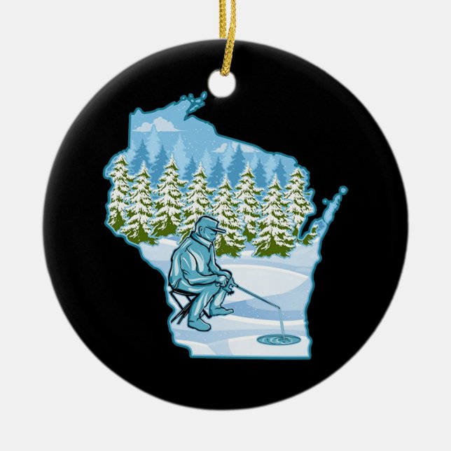 Wisconsin Ice Fishing State Ceramic Tree Decoration (Front)
