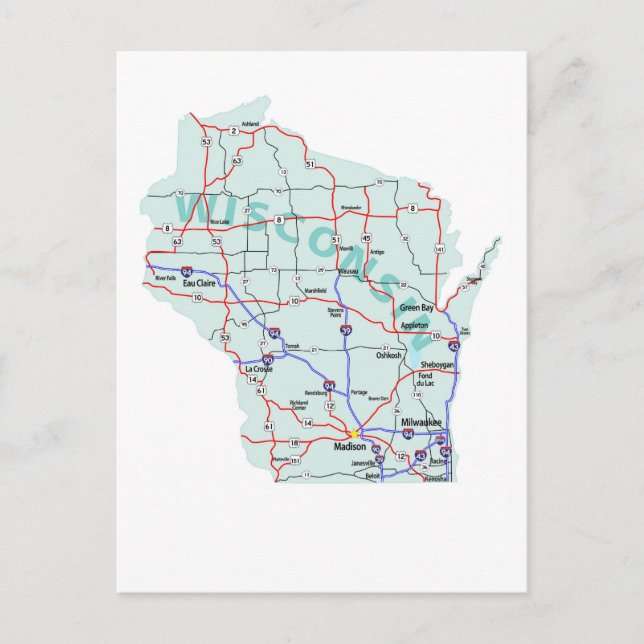 Wisconsin Interstate Map Postcard (Front)