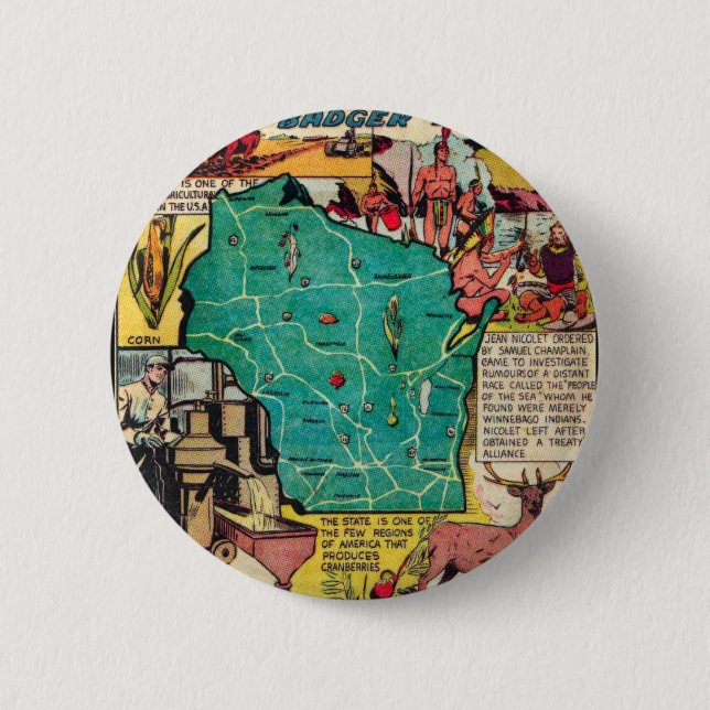 Wisconsin Map and Facts 6 Cm Round Badge (Front)