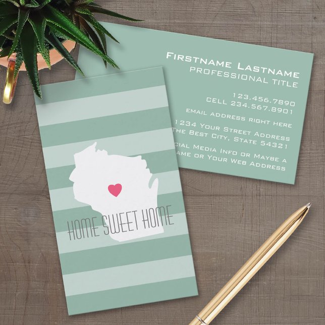 Wisconsin Map Home State Love with Custom Heart Business Card (Custom Business Card Template)