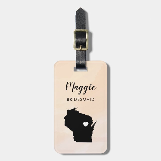Wisconsin Map Luggage Tag, Wedding Party Welcome Tag (Front Vertical)