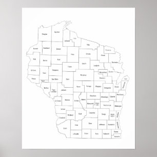 Wisconsin map of counties in the state with names poster