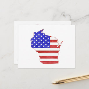 Wisconsin Map Shaped Patriotic American Flag Postcard