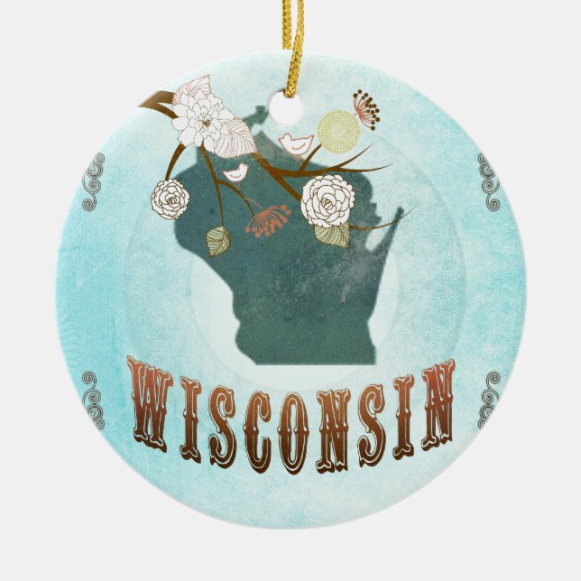 Wisconsin Map With Lovely Birds Ceramic Tree Decoration (Front)