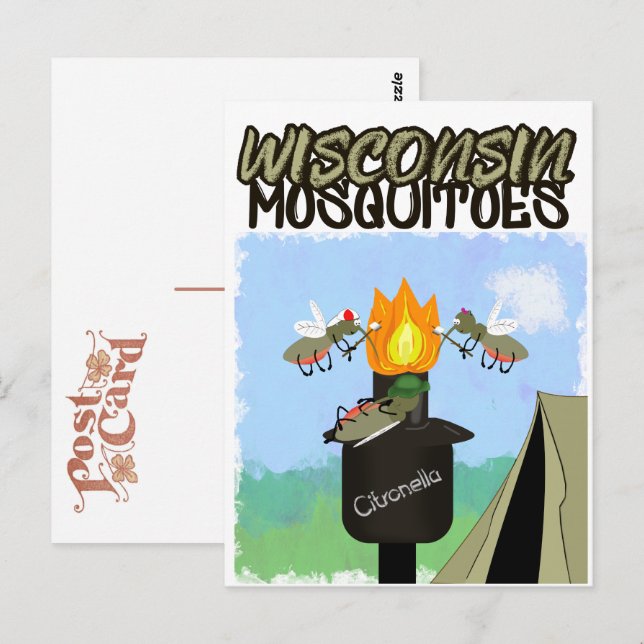 Wisconsin Mosquitoes Cartoon - Camping by Tiki Postcard (Front/Back)