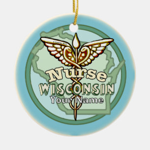 Wisconsin Nurse Caduceus Ceramic Tree Decoration