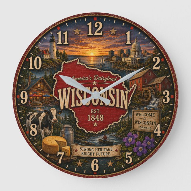 Wisconsin State America's Dairyland Large Clock (Front)