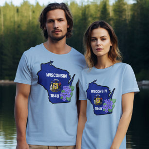 Wisconsin State Flag & Flower Common Blue Violet T-Shirt