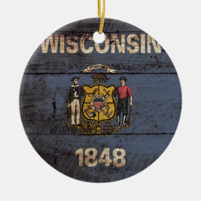 Wisconsin State Flag on Old Wood Grain Ceramic Tree Decoration (Front)