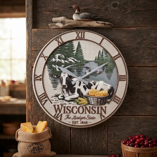 Wisconsin The Badger State Cow, Cheese & Rustic Large Clock