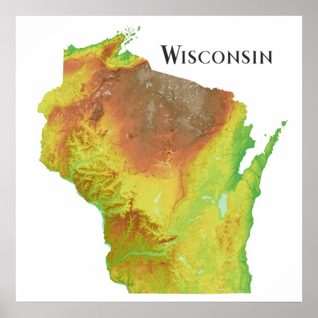 Wisconsin Topographic Shaded Relief Map Poster (Front)