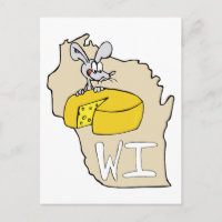 Wisconsin WI Map & Cheese Mouse Cartoon Art Postca