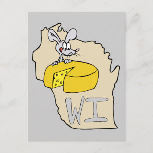Wisconsin WI Map & Cheese Mouse Cartoon Art Postcard