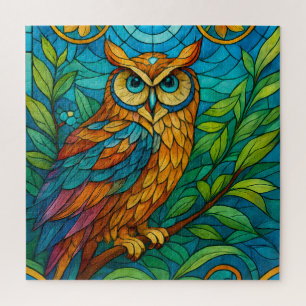 Wisdom in Glass Stained-Glass Owl with Floral Jigsaw Puzzle