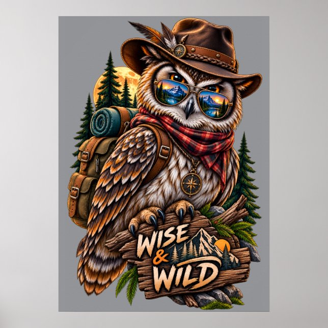 Wise and Wild Owl Hiker Rustic Outdoor Poster (Front)