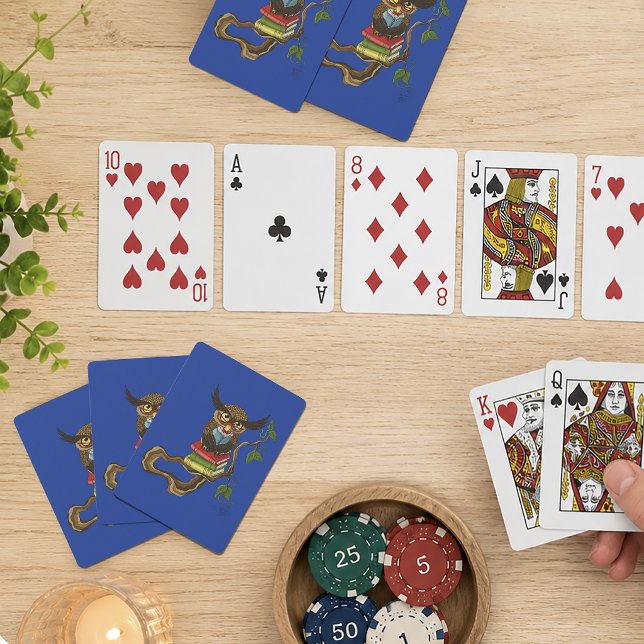 Wise Blue Cute Brown Reading Owl Books Playing Cards (Creator Uploaded)