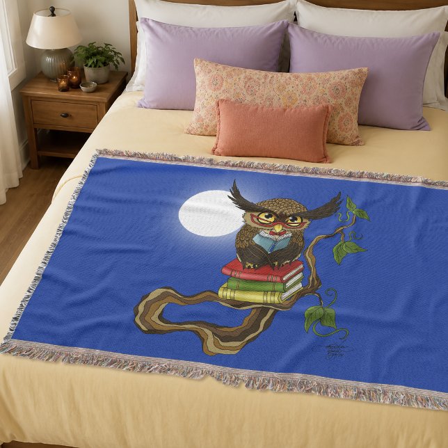 Wise Blue Cute Brown Reading Owl Books Throw Blanket (Creator Uploaded)