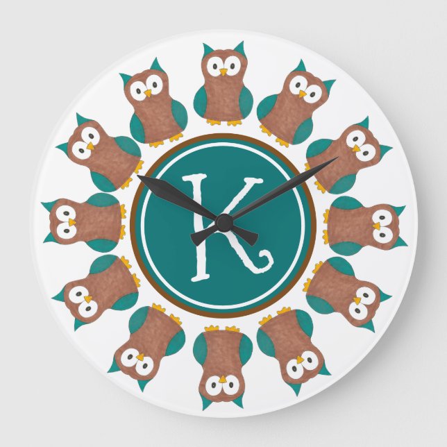 Wise Brown Blue Owl Bird Bedroom Initial Large Clock (Front)