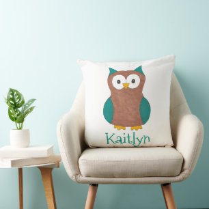 Wise Brown Blue Owl Bird Bedroom Personalised Cushion