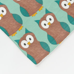 Wise Brown Teal Blue Barn Owl Cartoon Bird Fleece Blanket