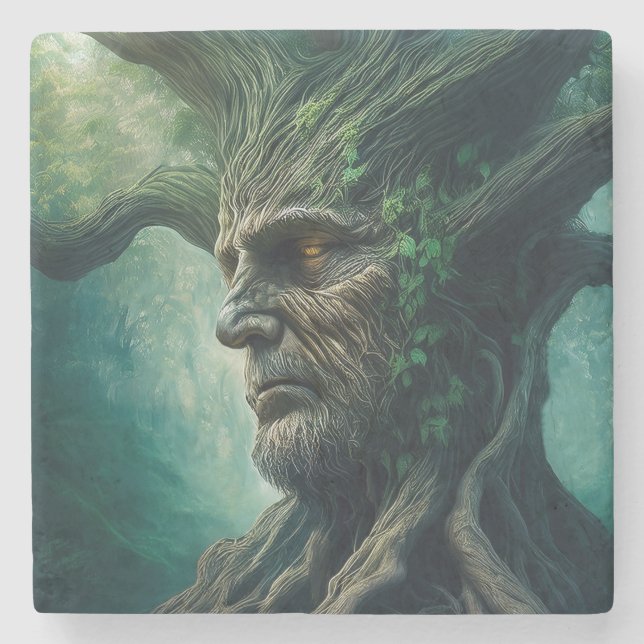 Wise Face in Ancient Tree Mystical Forest Stone Coaster (Front)