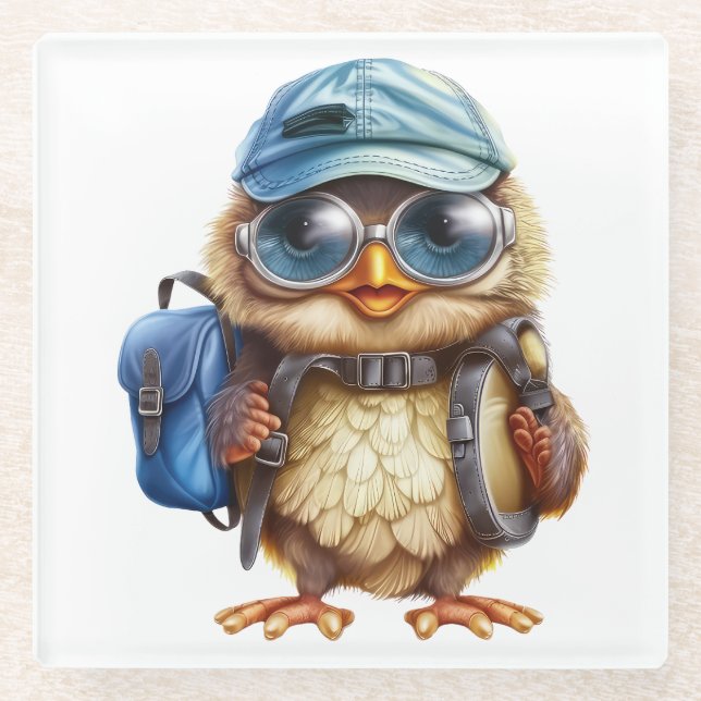 Wise Little Traveller - Kid Owl with backpack Glass Coaster (Front)