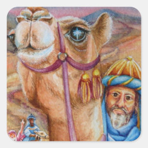 Wise Men on Camels See Star Watercolor Art Square Sticker