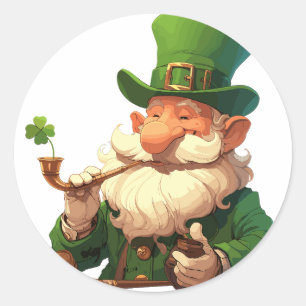Wise Old Leprechaun with Pipe Classic Round Sticker